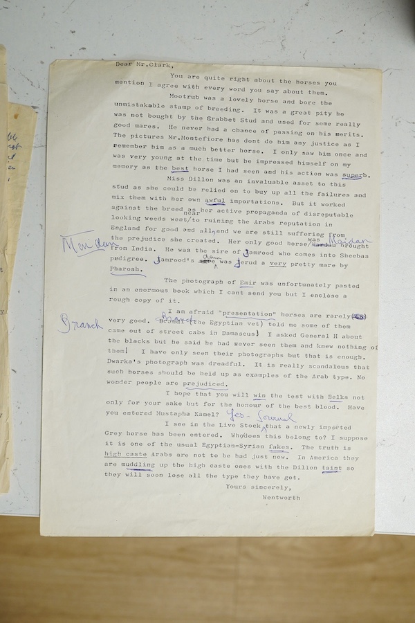 Archive of the Courthouse Farm Stud, Offham near Lewes and the Clark family, 1900-2014, including an important series of letters from Lady Anne Blunt at the Sheyk Obeyd Stud, Ain Shems, Egypt, 1912-1917, and her daughter